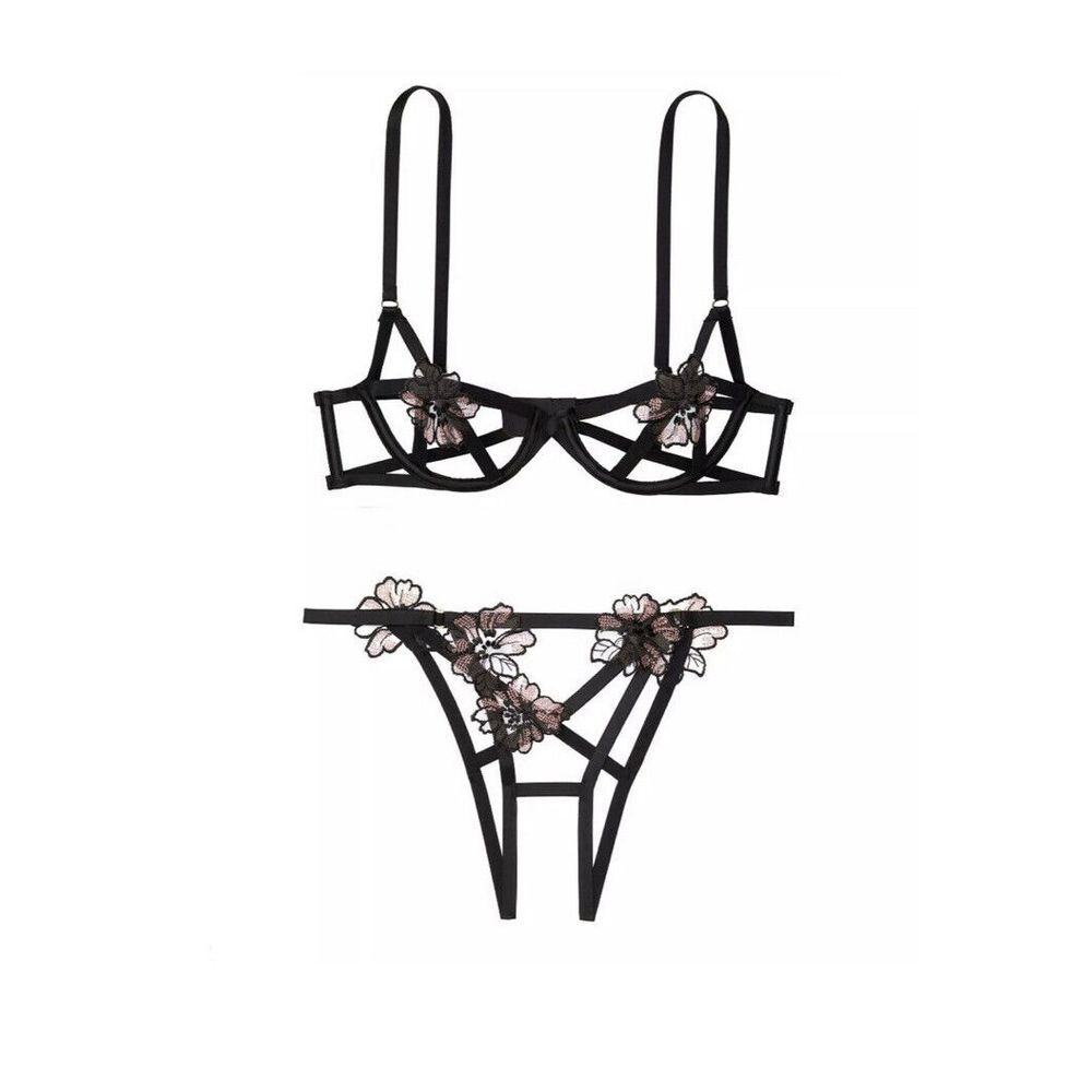 Victoria's Secret Very Sexy Strappy Floral Applique‎ Balconet Bra Panty Set Sz M